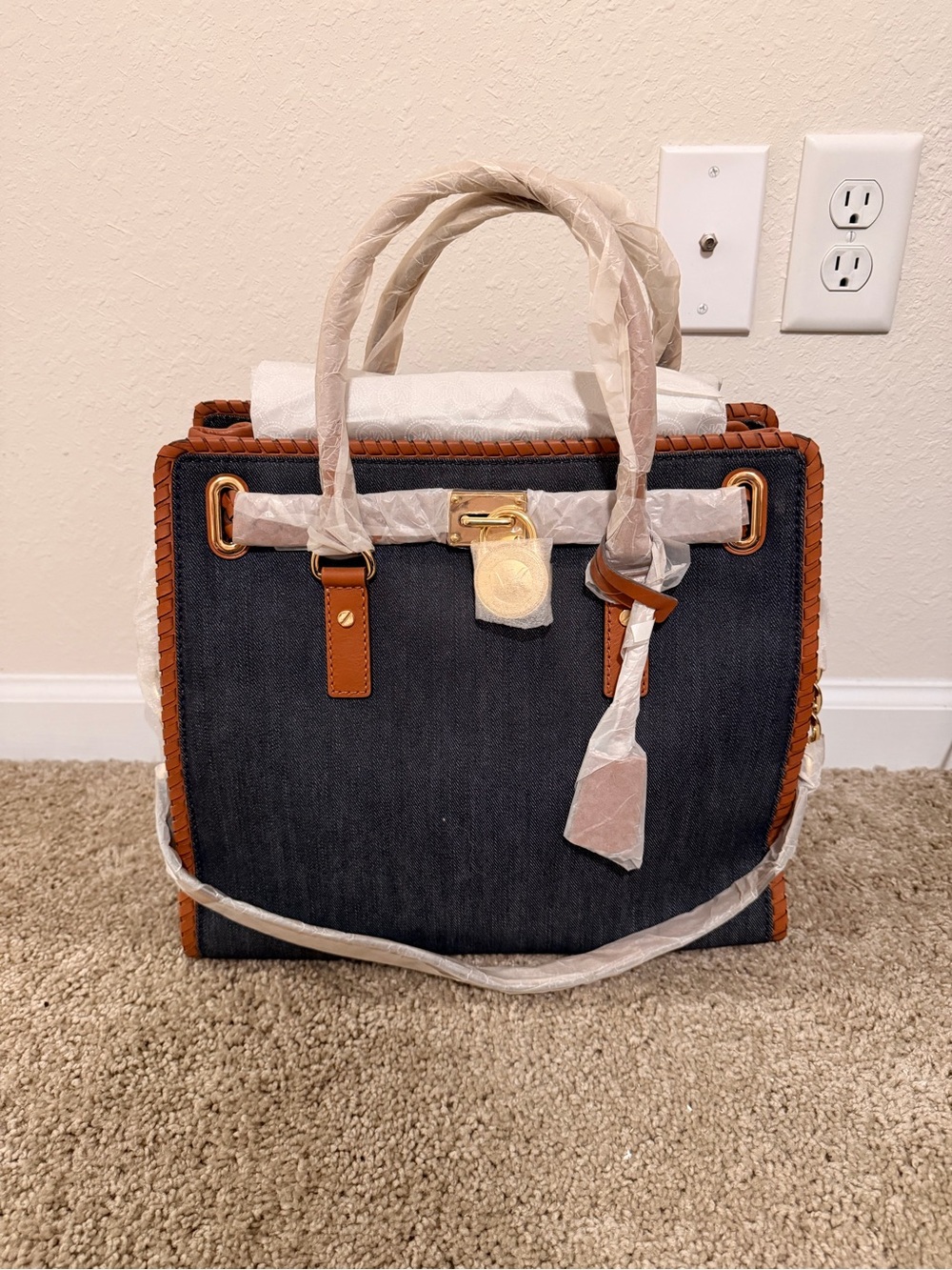 Michael Kors Navy Denim Satchel with Brown Trim and Gold Hardware